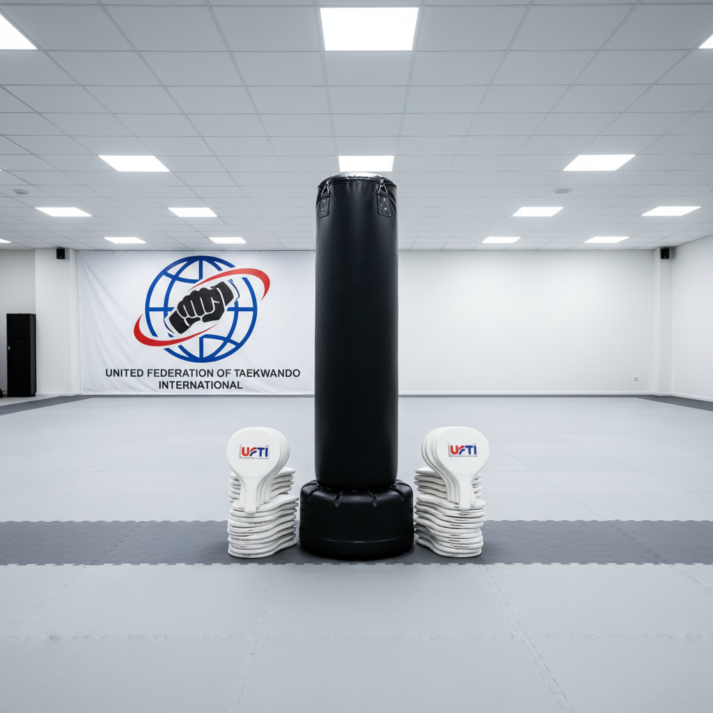 A meticulously arranged Taekwondo training area featuring a central, well-maintained freestanding heavy bag wrapped in smooth black synthetic leather, with crisp white UFTI-branded kicking targets stacked neatly nearby. The bag stands on a polished, light-gray mat bordered by darker edge lines in a spacious, modern dojang. Overhead LED panel lights provide even, bright illumination, creating sharp, clean lines and minimal shadows. In the background, a large wall banner displaying an abstract globe and stylized Taekwondo emblem suggests international reach. Photographic realism, slightly elevated angle, sharp focus throughout, emphasizing order, precision, and a professional training environment.